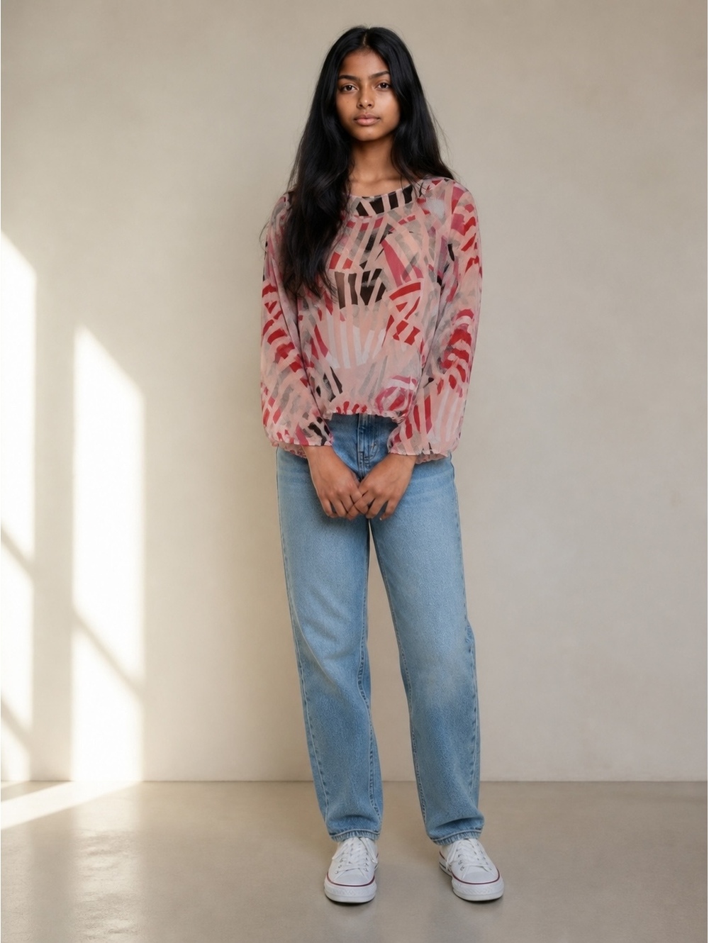 Alfani Sheer Long Sleeve Geometric Print Blouse
